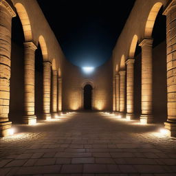 A dark, oval stone arena with a symmetric design