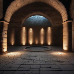 A dark, oval stone arena with a symmetric design