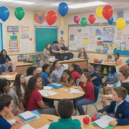 A vibrant and lively depiction of a school government setting, featuring engaged students participating in serious discussions, with school related decorations in the background.