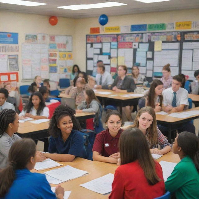 A vibrant and lively depiction of a school government setting, featuring engaged students participating in serious discussions, with school related decorations in the background.