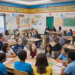 A vibrant and lively depiction of a school government setting, featuring engaged students participating in serious discussions, with school related decorations in the background.