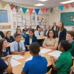 A vibrant and lively depiction of a school government setting, featuring engaged students participating in serious discussions, with school related decorations in the background.