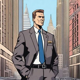 A detailed illustration of an FBI agent character, dressed in a sharp suit with a badge visible on the belt