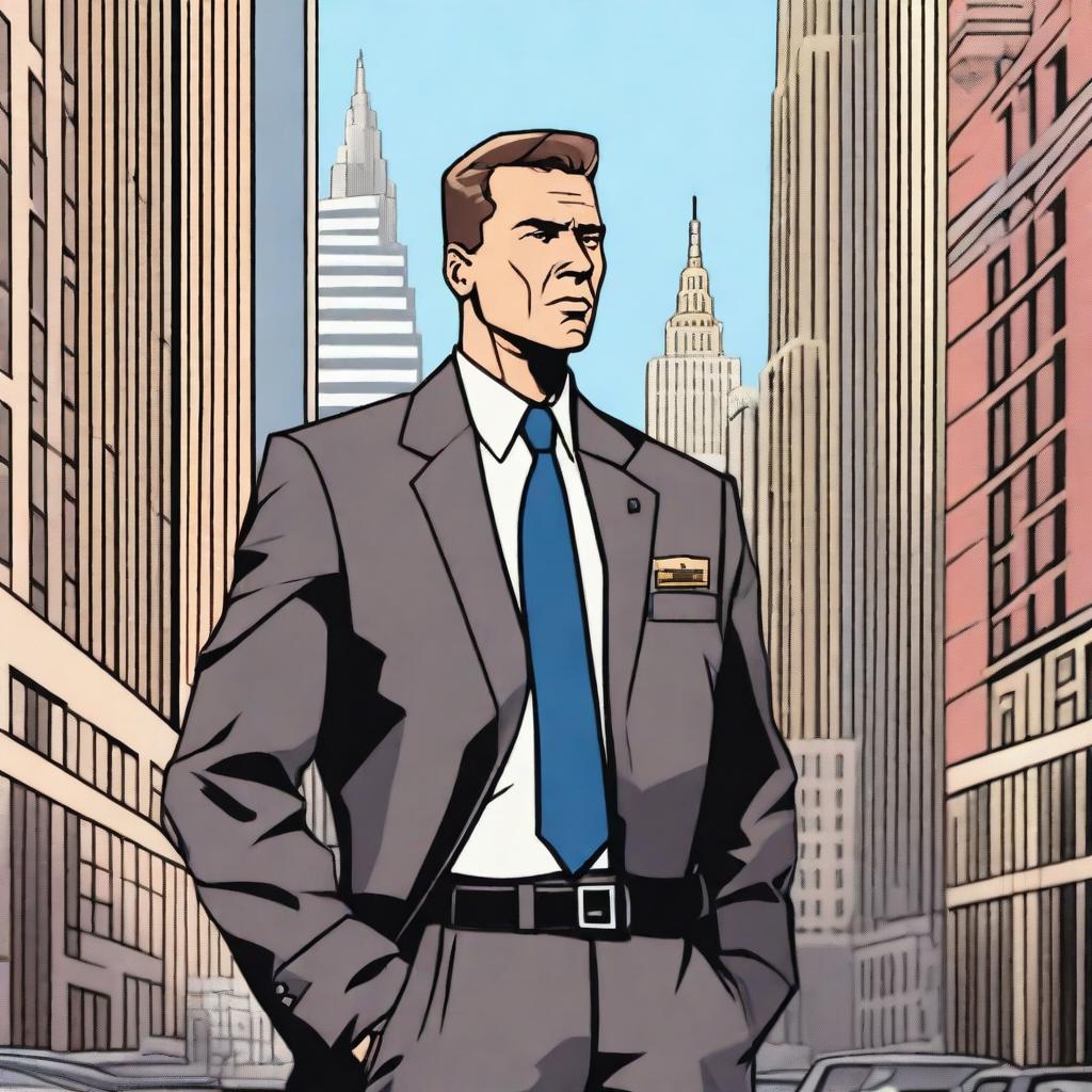 A detailed illustration of an FBI agent character, dressed in a sharp suit with a badge visible on the belt