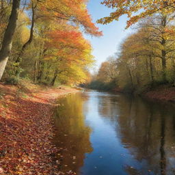 A tranquil and serene autumn landscape with colourful falling leaves, a clear blue sky and a calm flowing river.