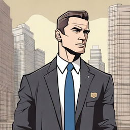 A detailed illustration of an FBI agent character, dressed in a sharp suit with a badge visible on the belt