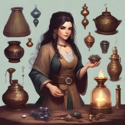 A 175-year-old dwarven artificer alchemist with dark hair and unparalleled beauty
