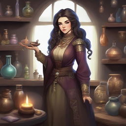 A 175-year-old dwarven artificer alchemist with dark hair and unparalleled beauty