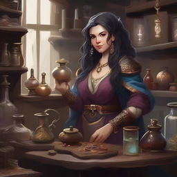 A 175-year-old dwarven artificer alchemist with dark hair and unparalleled beauty