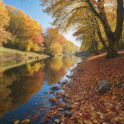 A tranquil and serene autumn landscape with colourful falling leaves, a clear blue sky and a calm flowing river.