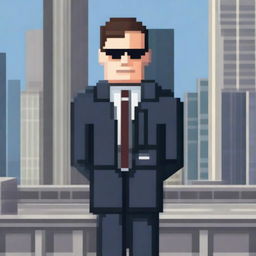 A pixel art depiction of an FBI agent character in 64x64 size