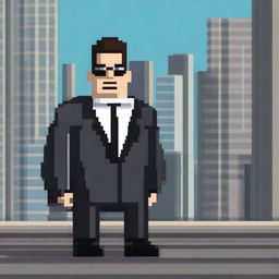 A pixel art depiction of an FBI agent character in 64x64 size