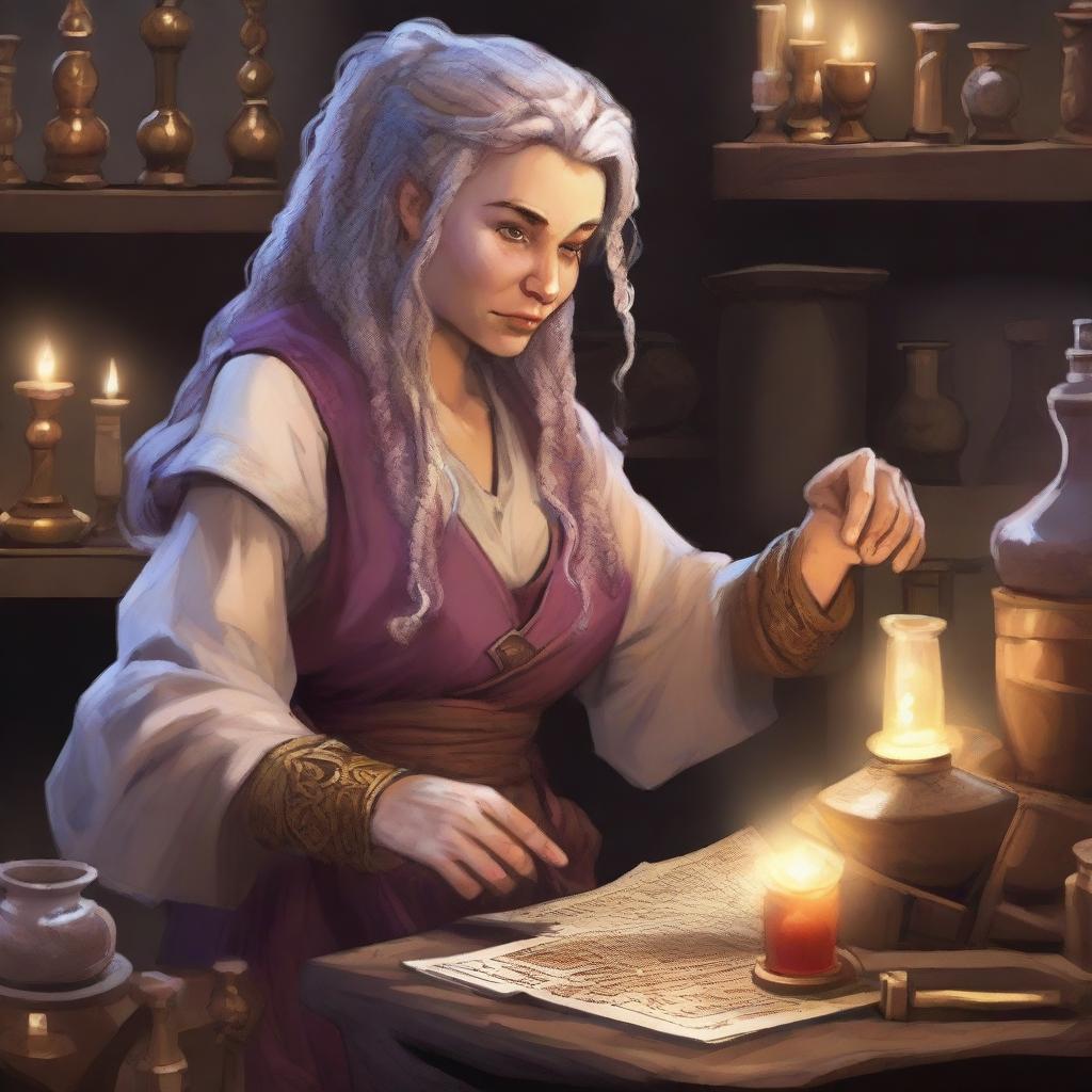 A 175-year-old dwarven alchemist with light-colored dreadlocks, set in a Dungeons & Dragons universe