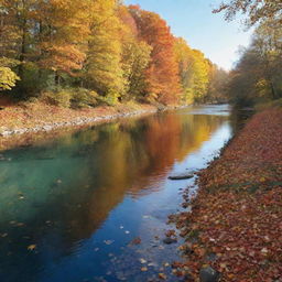 A tranquil and serene autumn landscape with colourful falling leaves, a clear blue sky and a calm flowing river.