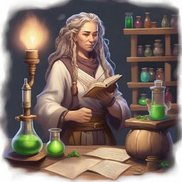 A 175-year-old dwarven alchemist with light-colored dreadlocks, set in a Dungeons & Dragons universe