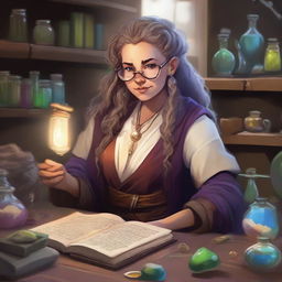 A 175-year-old dwarven alchemist with light-colored dreadlocks, set in a Dungeons & Dragons universe