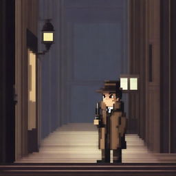 A pixel art depiction of a detective character