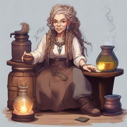 A 175-year-old mountain dwarf alchemist with light-colored dreadlocks, set in a Dungeons & Dragons universe