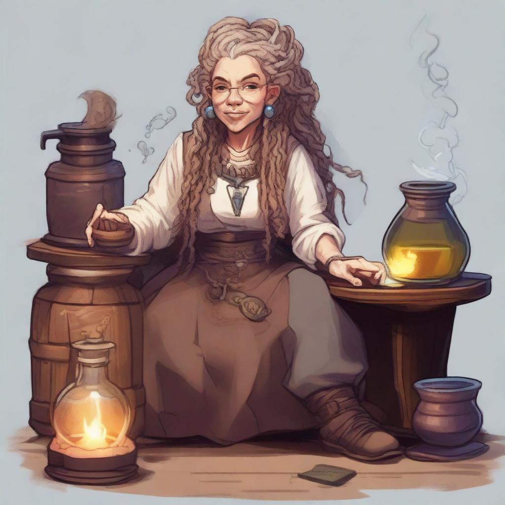 A 175-year-old mountain dwarf alchemist with light-colored dreadlocks, set in a Dungeons & Dragons universe