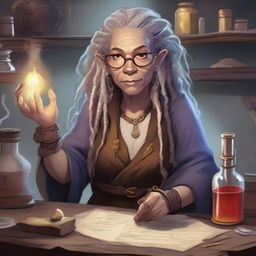 A 175-year-old mountain dwarf alchemist with light-colored dreadlocks, set in a Dungeons & Dragons universe