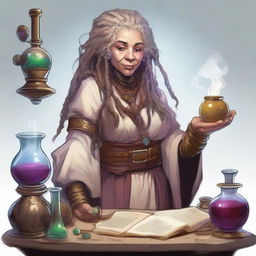 A 175-year-old mountain dwarf alchemist with light-colored dreadlocks, set in a Dungeons & Dragons universe