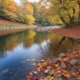 A tranquil and serene autumn landscape with colourful falling leaves, a clear blue sky and a calm flowing river.