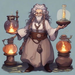 A 175-year-old mountain dwarf alchemist with light-colored dreadlocks, set in a Dungeons & Dragons universe