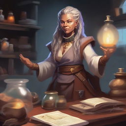 A 175-year-old stout dwarven alchemist with light-colored dreadlocks, set in a Dungeons & Dragons universe