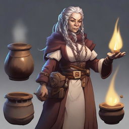 A 175-year-old stout dwarven alchemist with light-colored dreadlocks, set in a Dungeons & Dragons universe