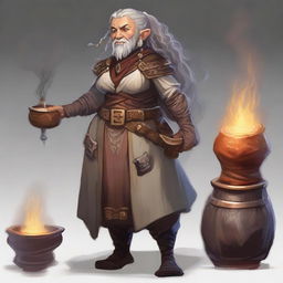 A 175-year-old stout dwarven alchemist with light-colored dreadlocks, set in a Dungeons & Dragons universe