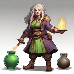 A 175-year-old stout dwarven alchemist with light-colored dreadlocks, set in a Dungeons & Dragons universe