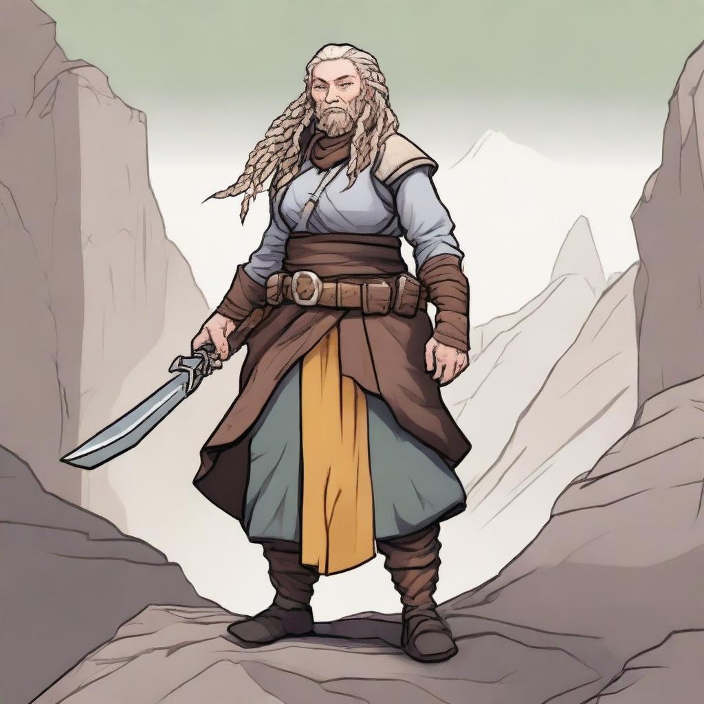 A 175-year-old stout dwarven woman with light-colored dreadlocks, set in a Dungeons & Dragons universe