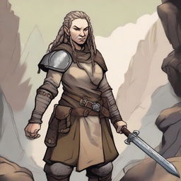 A 175-year-old stout dwarven woman with light-colored dreadlocks, set in a Dungeons & Dragons universe