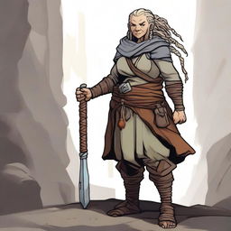 A 175-year-old stout dwarven woman with light-colored dreadlocks, set in a Dungeons & Dragons universe