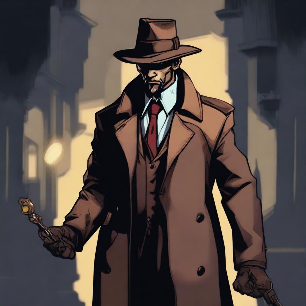 A detailed sprite of a detective character in the dark, gothic style of the Diablo game series