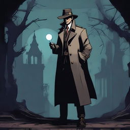 A detailed sprite of a detective character in the dark, gothic style of the Diablo game series