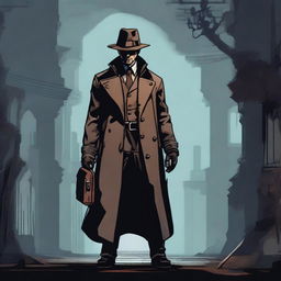 A detailed sprite of a detective character in the dark, gothic style of the Diablo game series