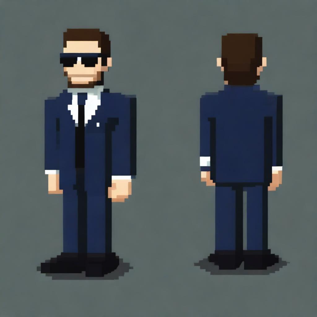 A full-height sprite of an FBI agent in pixel art style, sized 64x64 pixels