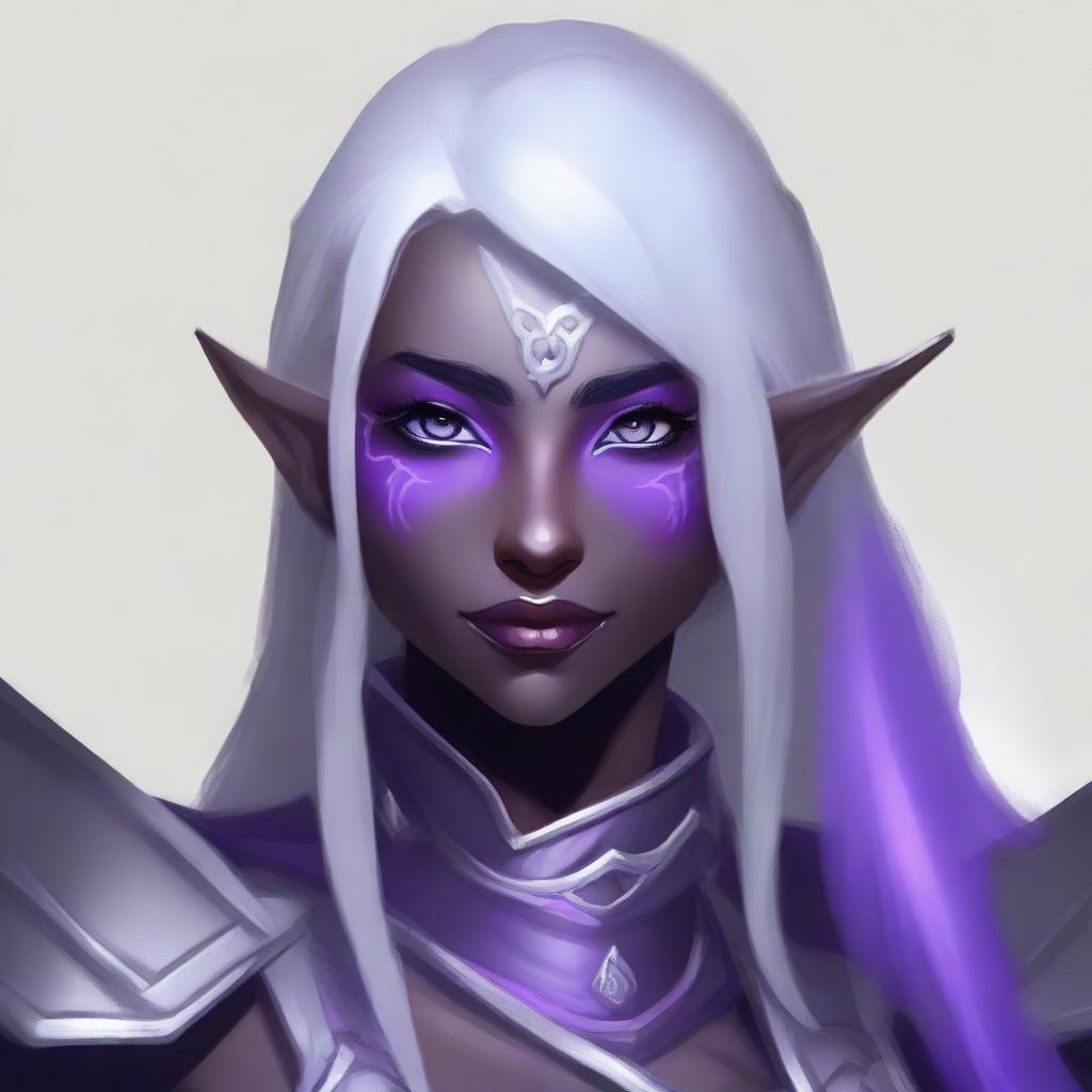 Create a portrait of a drow elf warrior berserker with ash-gray purple skin