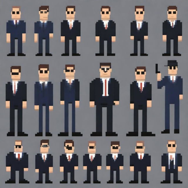Create multiple full-height sprites of FBI agents in pixel art style, each sized 64x64 pixels