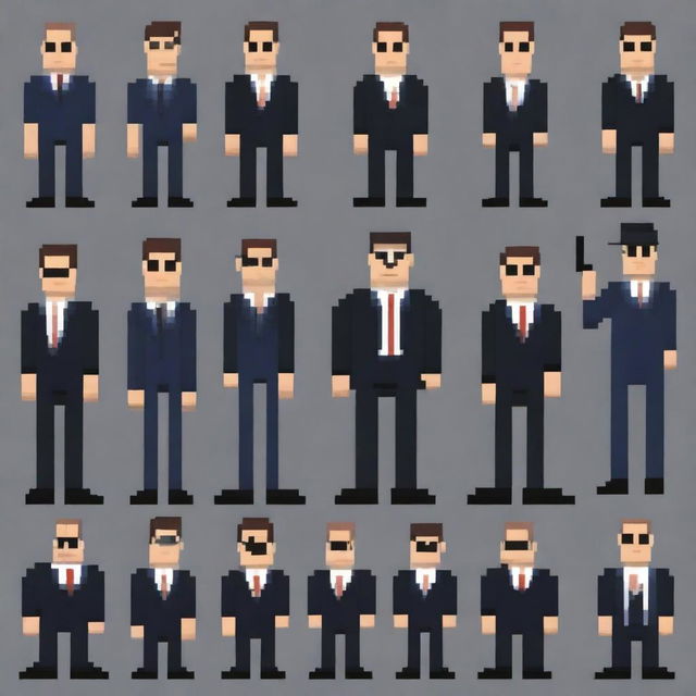 Create multiple full-height sprites of FBI agents in pixel art style, each sized 64x64 pixels