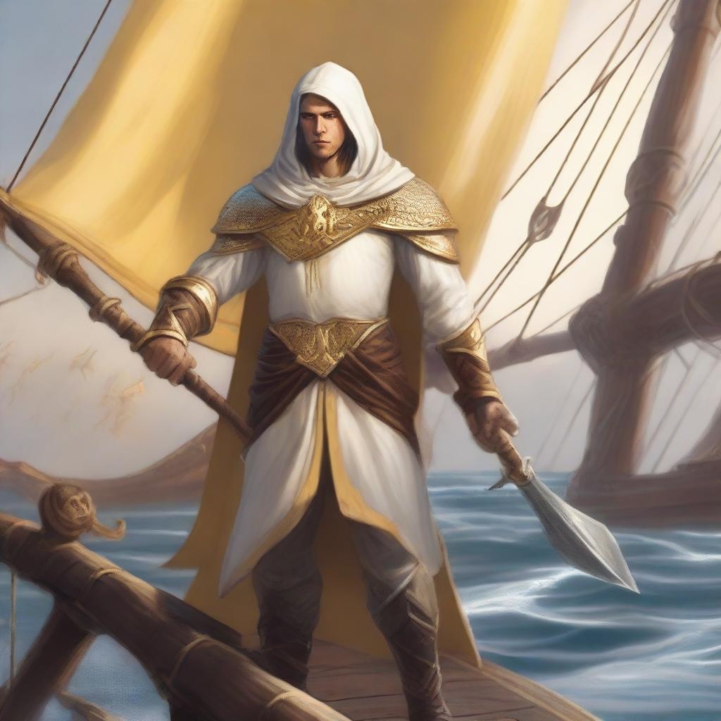 A man who is a half-elf cleric stands on a ship, wielding a trident