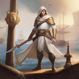 A man who is a half-elf cleric stands on a ship, wielding a trident