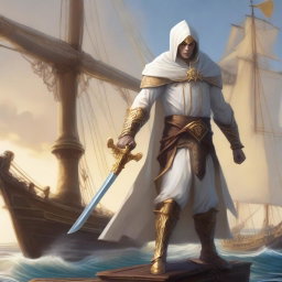 A man who is a half-elf cleric stands on a ship, wielding a trident