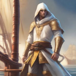 A man who is a half-elf cleric stands on a ship, wielding a trident