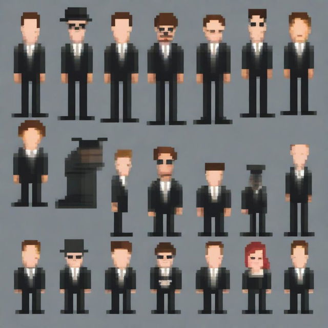 Create multiple full-height sprites of FBI agents in pixel art style, each sized 64x64 pixels