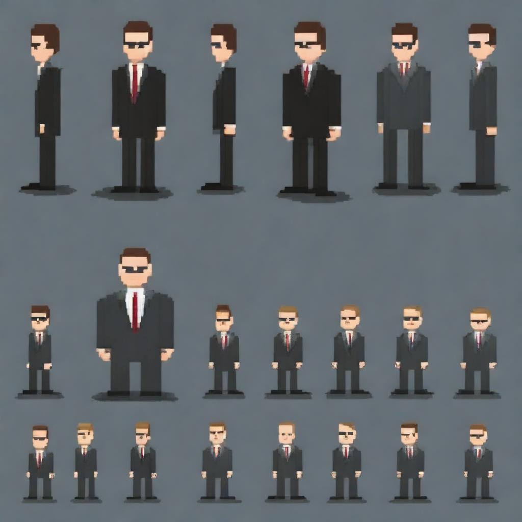 Create additional full-height sprites of FBI agents in pixel art style, each sized 64x64 pixels