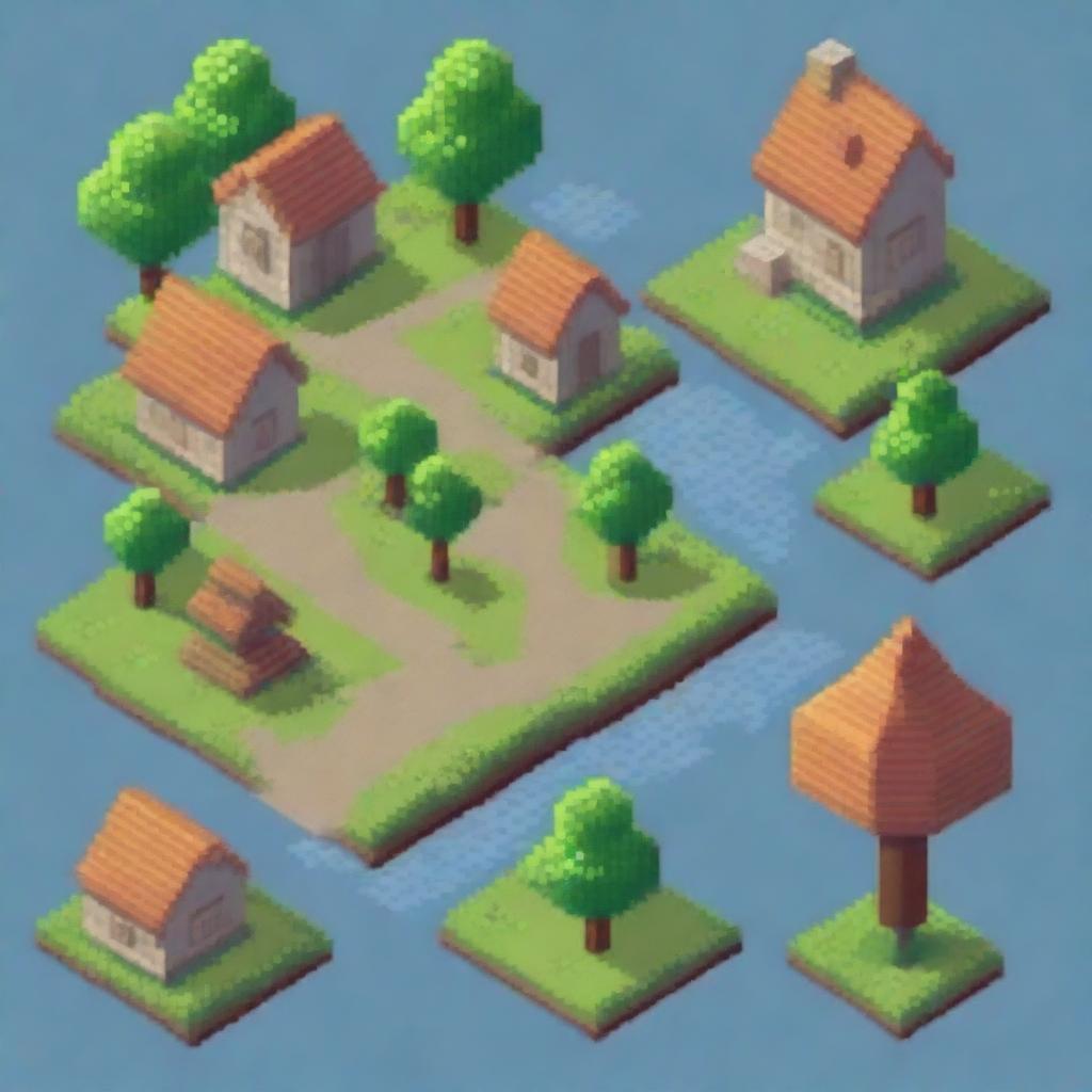 Generate an isometric game location in pixel art style featuring a small village