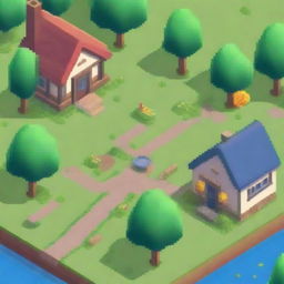 Generate an isometric game location in pixel art style featuring a small village
