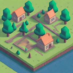 Generate an isometric game location in pixel art style featuring a small village